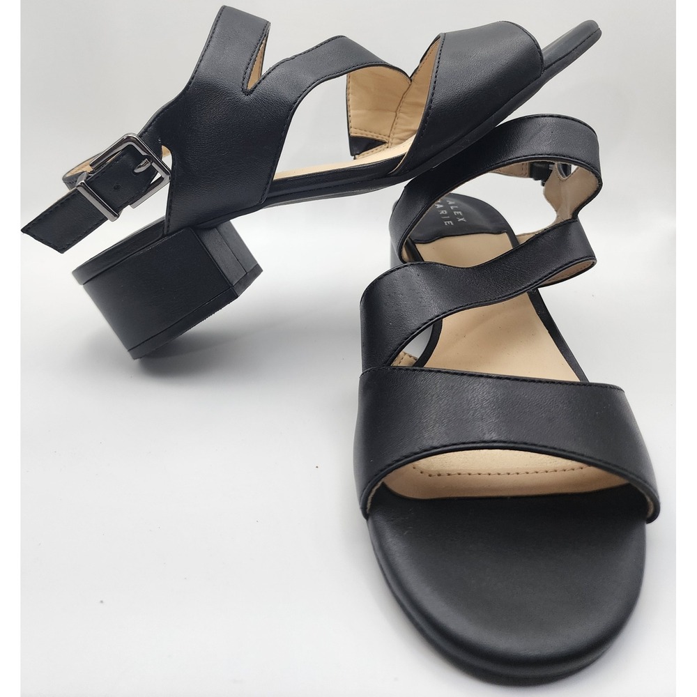 Alex Marie Clarise Black Leather Block Heel Sandals Asymmetric Straps Size 6.5M